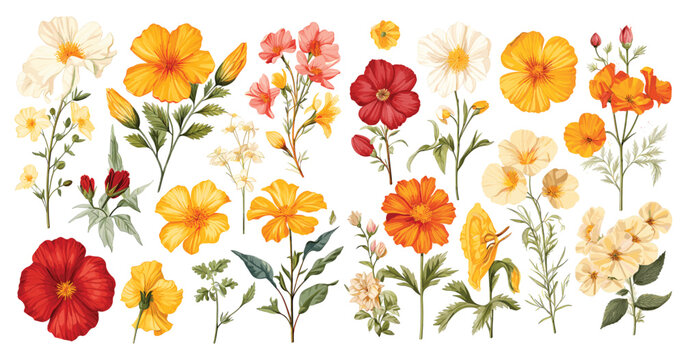 Spring flowers Illustration colorful flower set, Flower illustrations, hibiscus, jasmine, marigold