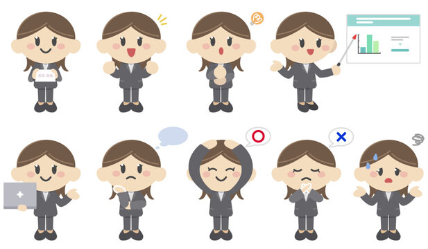Illustrations of young woman in a suit, business people character, cartoon style