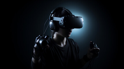Virtual reality gaming concept with a person wearing a headset and using motion controllers
