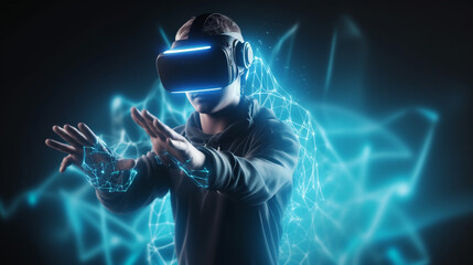 Virtual reality gaming concept with a person wearing a headset and using motion controllers