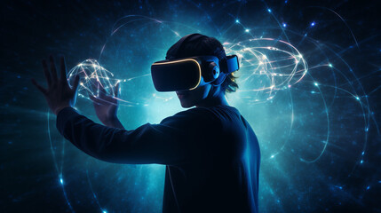 Virtual reality gaming concept with a person wearing a headset and using motion controllers