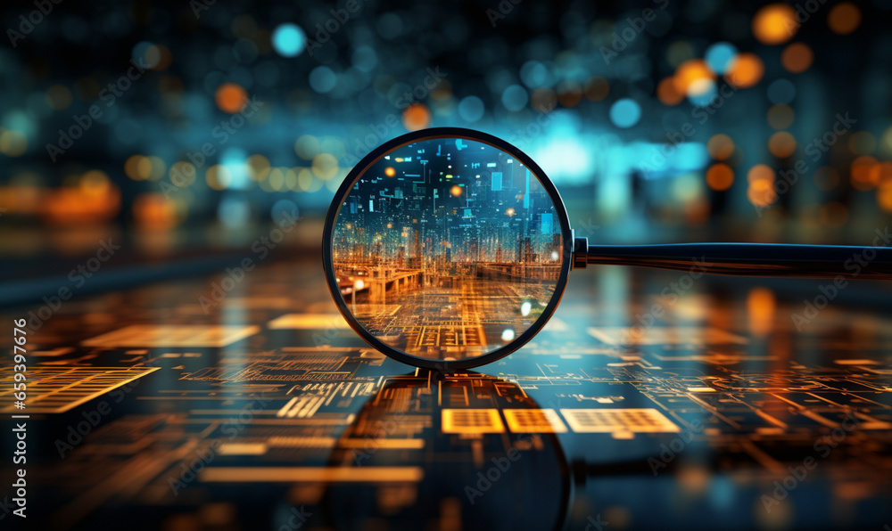Poster data visualization, close up technology digitalization, optimization of high-tech electronics, data 