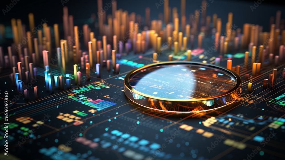 Poster data visualization, close up technology digitalization, optimization of high-tech electronics, data 