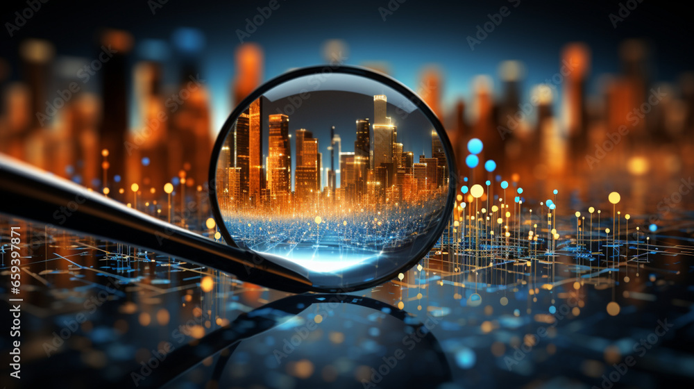 Poster data visualization, close up technology digitalization, optimization of high-tech electronics, data 