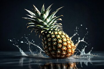 pineapple on black background and water splash, generative AI