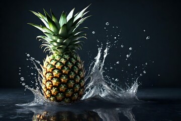 pineapple on black background and water splash, generative AI