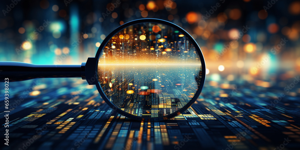 Poster data visualization, close up technology digitalization, optimization of high-tech electronics, data 