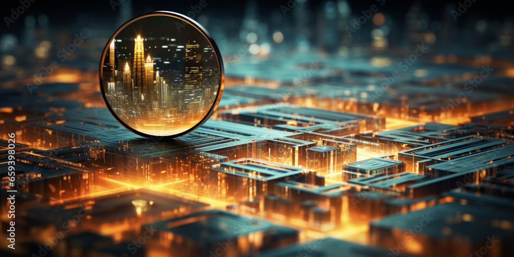 Poster data visualization, close up technology digitalization, optimization of high-tech electronics, data 