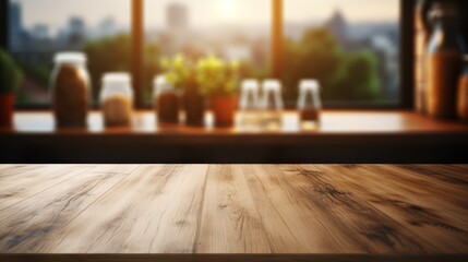 Fototapeta premium Empty wooden table and blurred background, light shining in the morning in the kitchen interior.