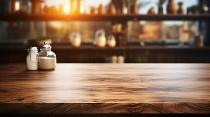 Empty wooden table and blurred background, light shining in the morning in the kitchen interior.