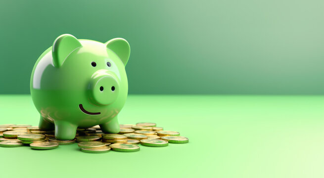 Green pig piggy banks with a smile on a stack of gold coins, isolated on green background - Green investment success, eco savings concept