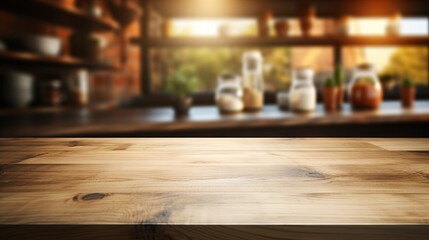 Empty wooden table and blurred background, light shining in the morning in the kitchen interior.