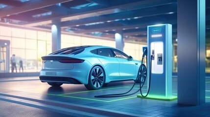 Obraz premium EV charging station for electric car in concept of green energy and eco power produced from sustainable source to supply to charger station in order to reduce CO2 emission.