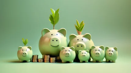 Foto op Canvas Smiling green pigs family, piggy banks beside a stack of gold coins, plant sprouts growth from their slots, isolated on green background - Green investment success, eco savings concept © mozZz
