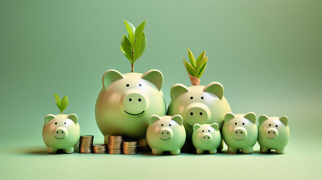Smiling green pigs family, piggy banks beside a stack of gold coins, plant sprouts growth from their slots, isolated on green background - Green investment success, eco savings concept