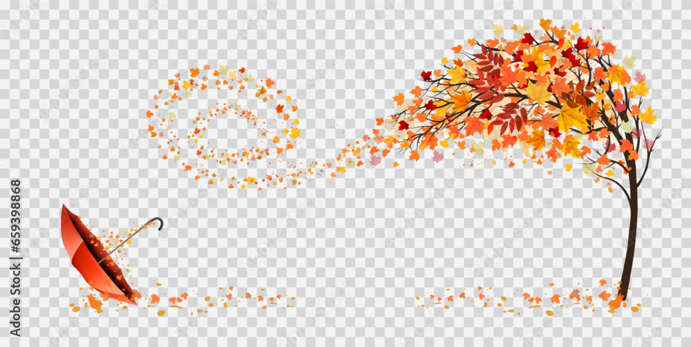 Poster Autumn abstract background with tree and falling colourful leaves and umbrella. Vector
