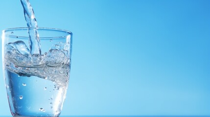 Water being poured into a glass against a light blue background. A glass of fresh water with bubbles on a blue background