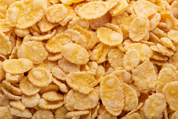 Corn flakes background and texture, cornflake cereal box for morning breakfast.