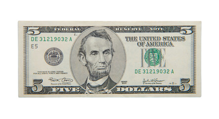 Five dollar banknote isolated on white background - obrazy, fototapety, plakaty