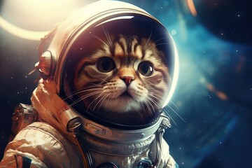 Cute cat in astronaut suit on space background. Space travel concept, cat astronaut in a spacesuit...