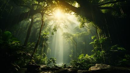 sun shining through a tranquil and peaceful jungle