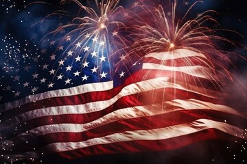 American flag with fireworks in the night sky. Independence day background, celebratory fireworks on the background of American flag at us independence Day, AI Generated