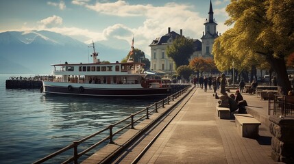 In Vevey, there is a quay with an antique ferry on Lake Geneva. - obrazy, fototapety, plakaty