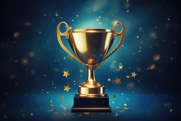 Realistic golden trophy cup on blue background. 3D Rendering, Champion golden trophy with gold stars on blue dark background, AI Generated