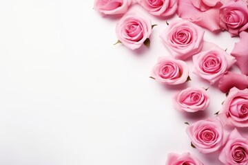 Fototapeta na wymiar Pink roses on a white background with copy space for your text, Close up of blooming pink roses flowers and petals isolated on white table background with Empty space, AI Generated