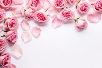 Pink rose flowers on white background, flat lay with space for text, Close up of blooming pink roses flowers and petals isolated on white table background with  Empty space, AI Generated