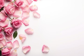 Fototapeta na wymiar Pink rose petals on white background with copy space for text, Close up of blooming pink roses flowers and petals isolated on white table background with Empty space, AI Generated