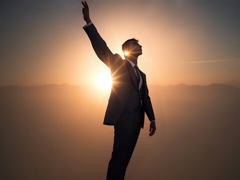 silhouette of a person with arms raised, Pursuit of Excellence: Determined Businessman Against Sunset Backdrop, AI Generated
