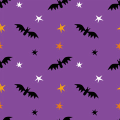 Seamless pattern with black bats on purple background. Halloween design for fabric and paper, surface textures. Pastel colors design.