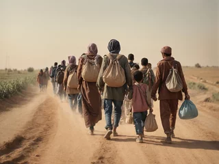 Foto op Plexiglas A group of migrants with children walk along a dusty road. Refugees are leaving their homes. People are fleeing the war. © kazakova0684