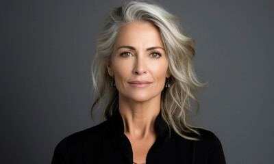  Middle-aged Caucasian Woman with Silver Hair. Graceful Elegance - obrazy, fototapety, plakaty