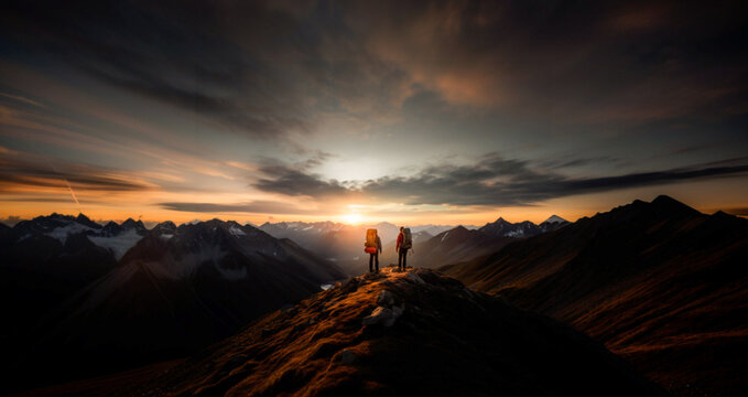 Unrecognizable Mountain Climbing Couple. Silhouettes in Sunset