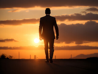 silhouette of a man standing on a sunset, Dramatic Pursuit: Ambitious Businessman Against Sunset Sky, AI Generated