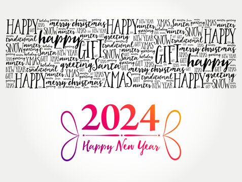 2024 year greeting word cloud collage, Happy New Year celebration greeting card