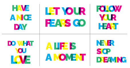 A set of motivating and supporting phrases. Risography style. Layering