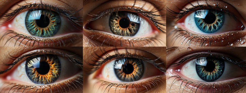 macro closeup of variety human eye with many colour beautiful eyesight human body part concept