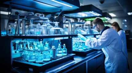 Scientists working in modern laboratory Female scientist explaining experiment to colleagues in laboratory