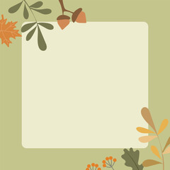 Autumn mood greeting card poster template. Minimalist postcard, baner nature leaves, trees, pumpkins, abstract shapes. Vector illustration in flat cartoon style on white background