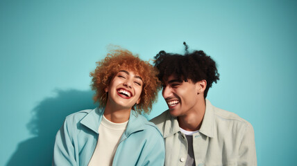 Carefree happy couple having fun, laughing, gen z style, youthful, young