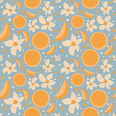 Groovy lemons and flowers seamless hand drawn pattern