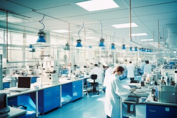 In an industrial pharmaceutical factory, professionals in clean white uniforms work with advanced technology and machinery.Creation of innovative medicines and vaccines.