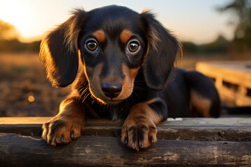 Cute Dachshund puppy sitting and looking up, Generative AI
