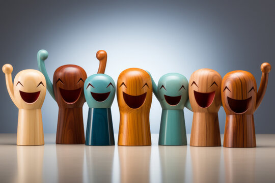 A group of wooden characters. Diversity, inclusion and belonging concept. Happy. DEI. DEIB. Multi ethnic groups. Harmony and getting along. Celebration. Cute. Kawaii.