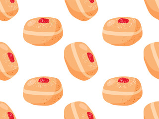 Seamless pattern with Hanukkah bakery doughnut. Cartoon flat vector illustration with Traditional Chanukah donuts. Pastry donut with jam background for wallpaper, wrapping, textile, scrapbooking.