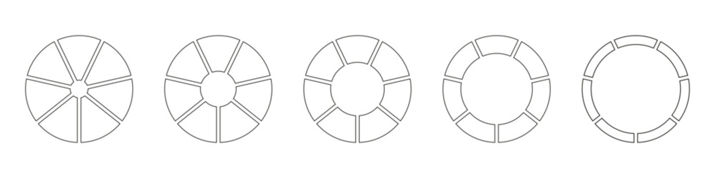 Wheels Round Divided In Seven Sections. Outline Donut Charts Or Pies Segmented On 7 Equal Parts. Diagrams Infographic Set. Circle Section Graph Line Art. Pie Chart Icons. Geometric Element. Vector.