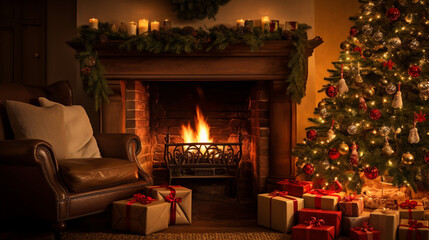 A cozy living room adorned with Christmas decorations and a beautifully lit Christmas tree by a fireplace surrounded by wrapped gifts and presents